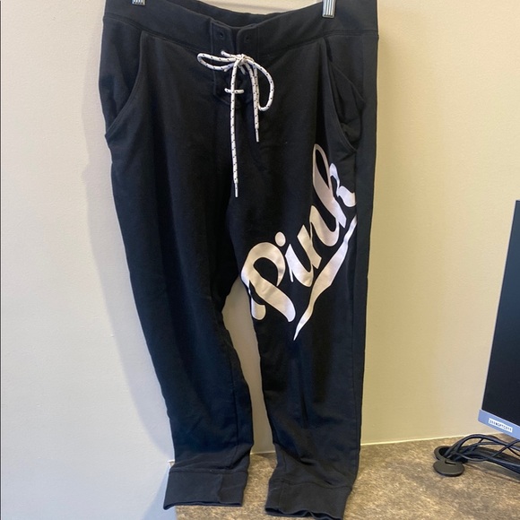 PINK Victoria's Secret Pants - PINK Victoria's Secret Black Sweatpants with White Drawstring and Logo Tag